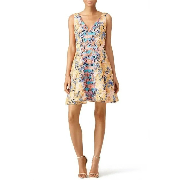 SALONI Yellow Orange Floral Jess A-Line Cocktail Dress $525 - Picture 3 of 10